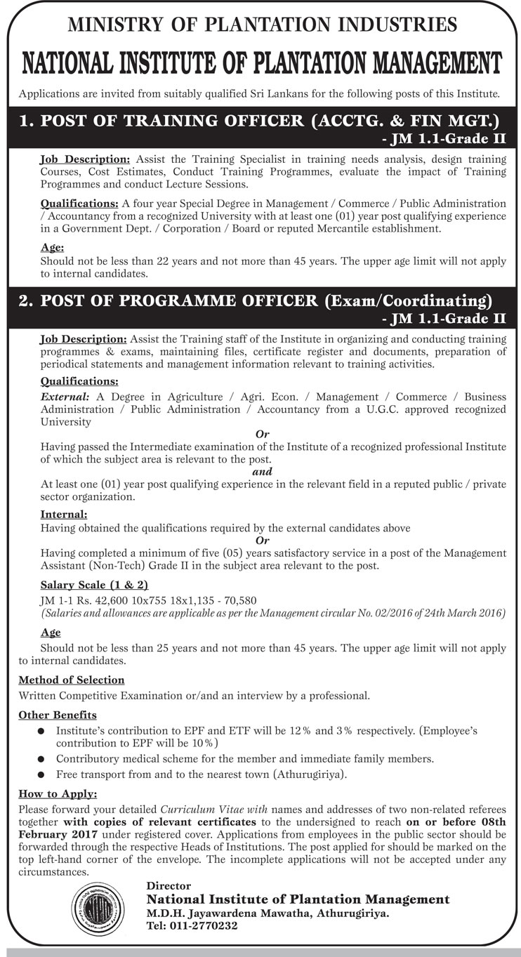 Training Officer (Accounting & Finance Management), Programme Officer (Exam / Coordinating) - National Institute of Plantation Management